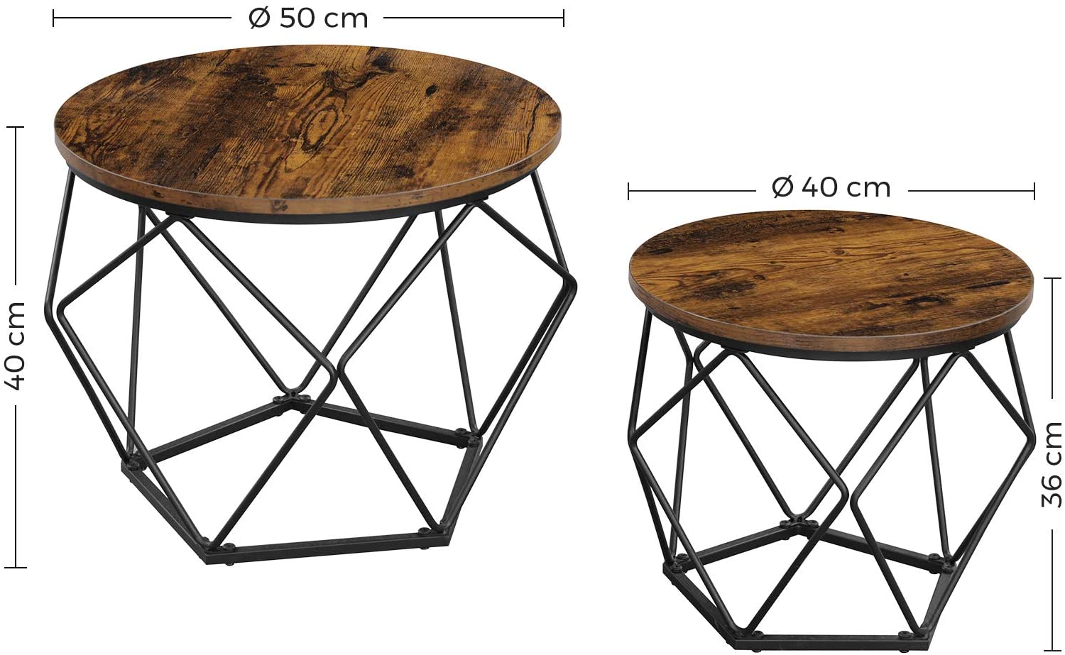 Set of 2 round side tables: 50x40cm and 40x36cm, rustic brown tops, black frames