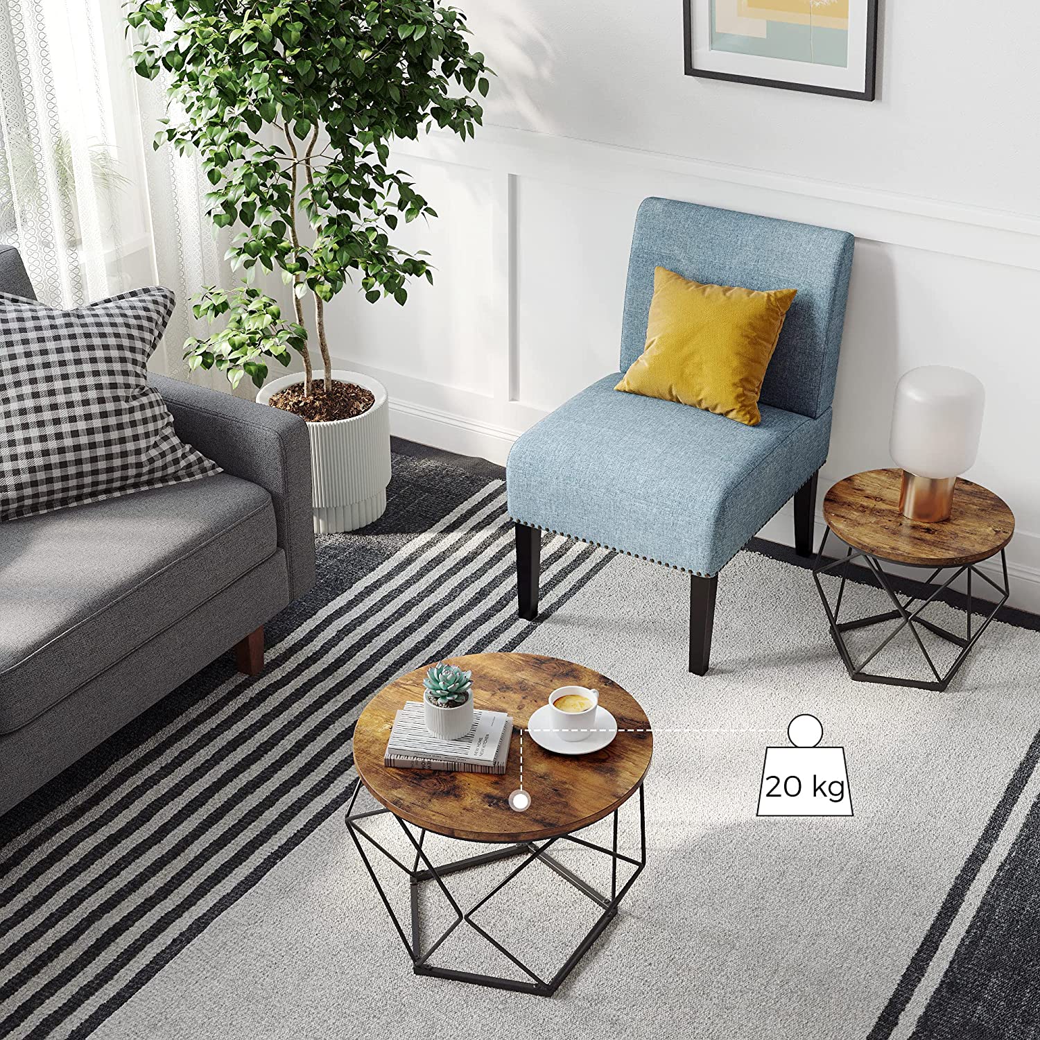 Set of 2 round side tables with rustic brown tabletops and black geometric steel legs