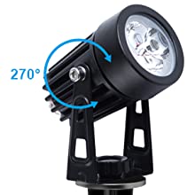Solar LED spotlight with black housing and ground stake bracket, warm white light head