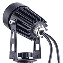 Solar LED spotlight head with black finned housing and adjustable mounting bracket