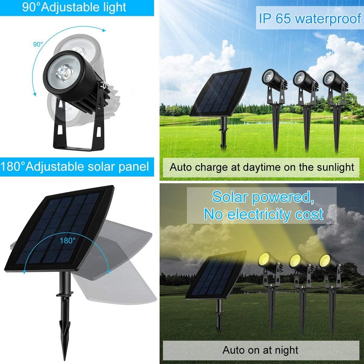 Set of adjustable black solar LED spotlights with solar panels and spike stakes