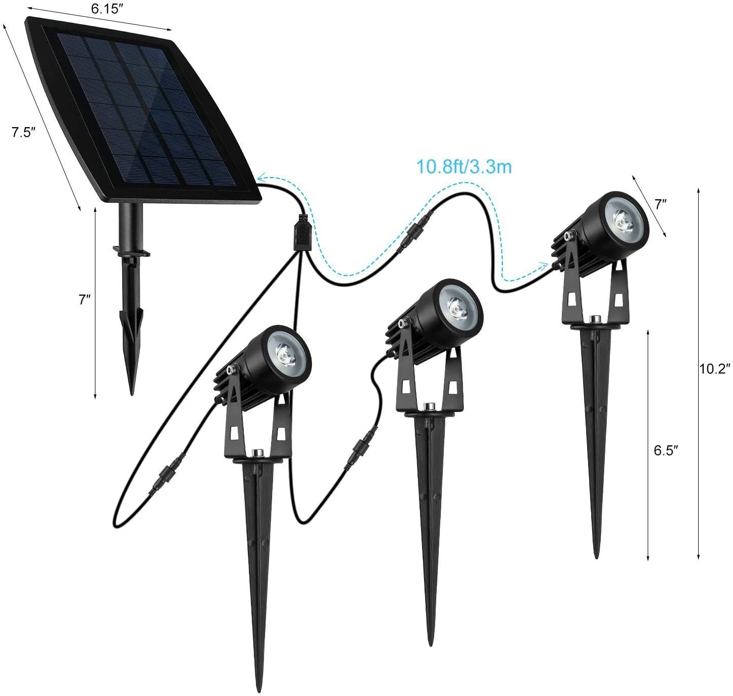 Solar LED spotlight kit with three heads, stakes, and connected solar panel