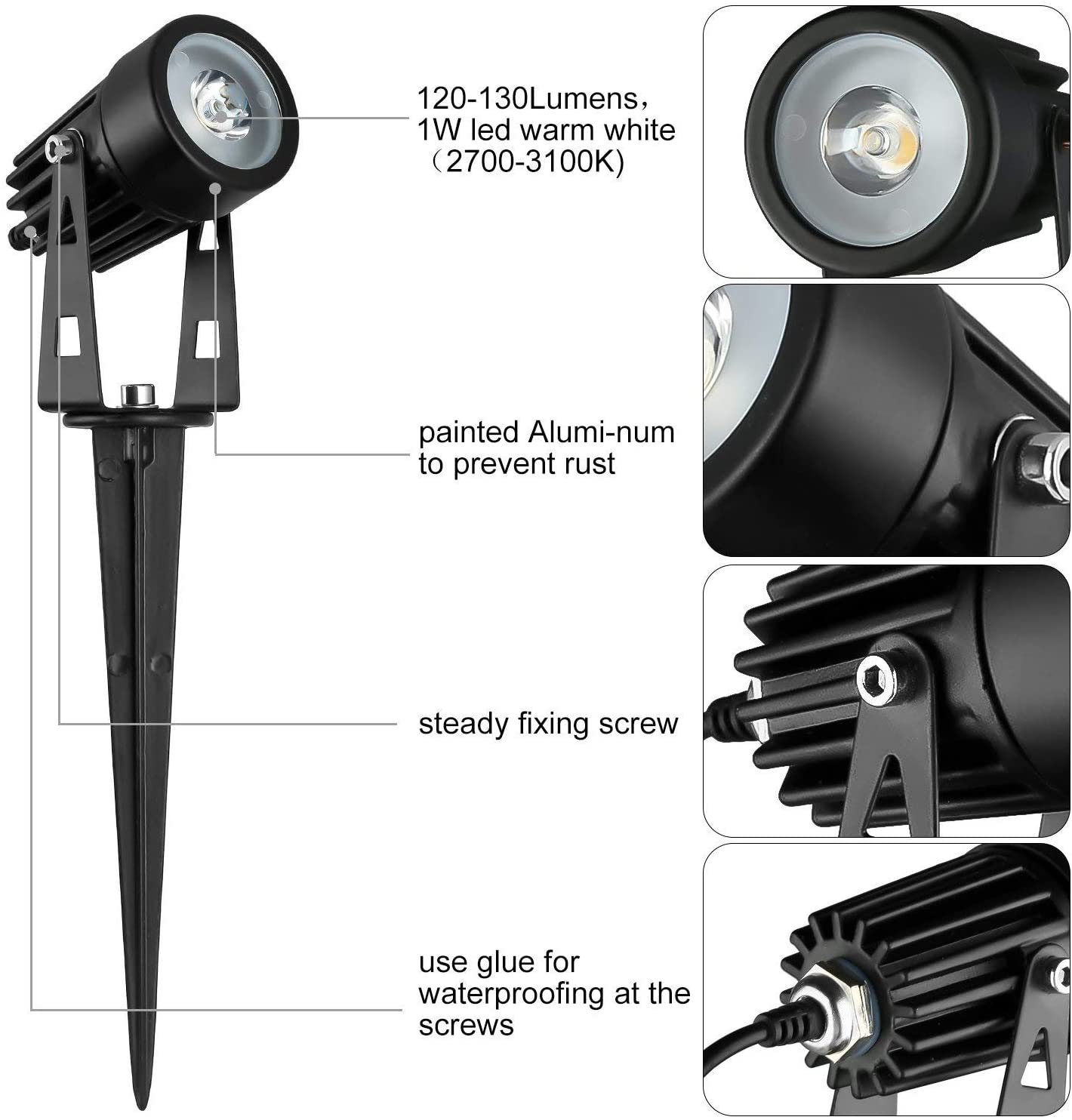 Black solar LED spotlight with adjustable head, lens reflector, and spike stake