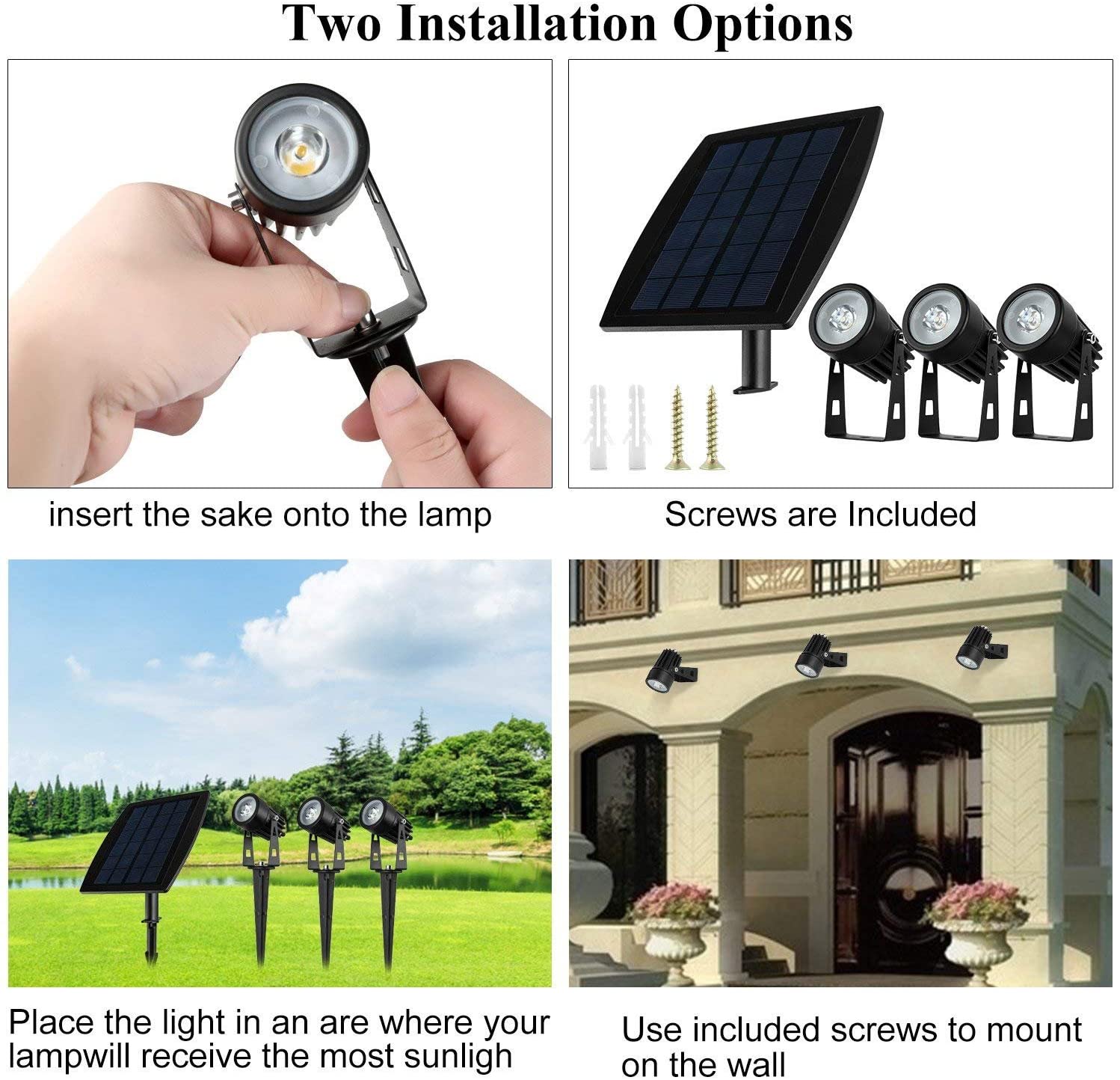 Solar LED spotlight installation set with solar panel, three lamp heads, and mounting screws