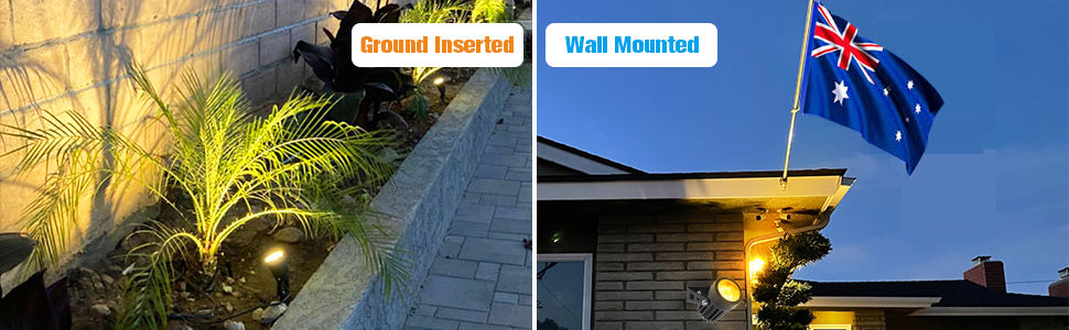 Solar LED spotlight options shown for ground insertion or wall mounting