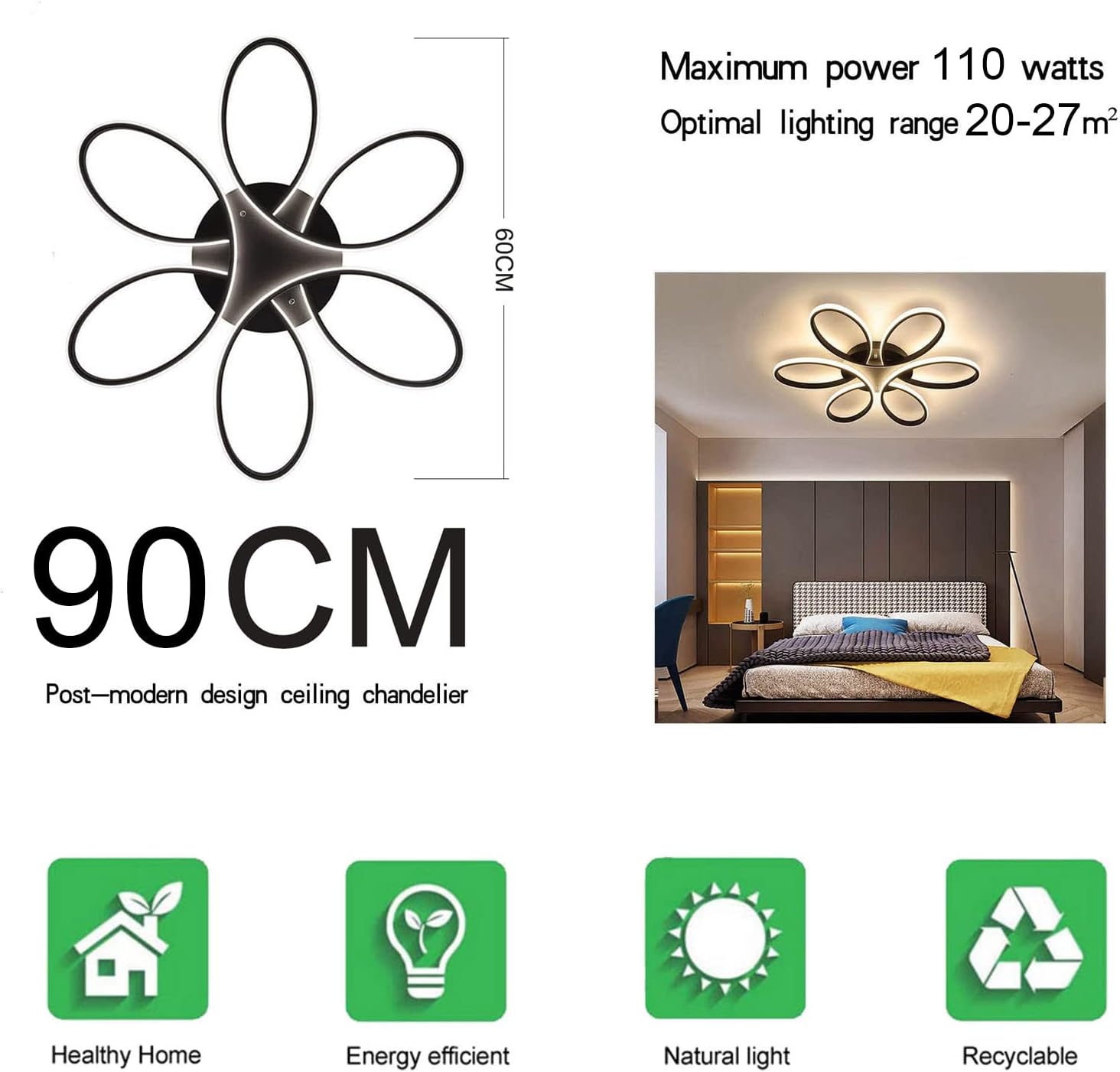 Modern LED ceiling chandelier with five curved glowing ring petals