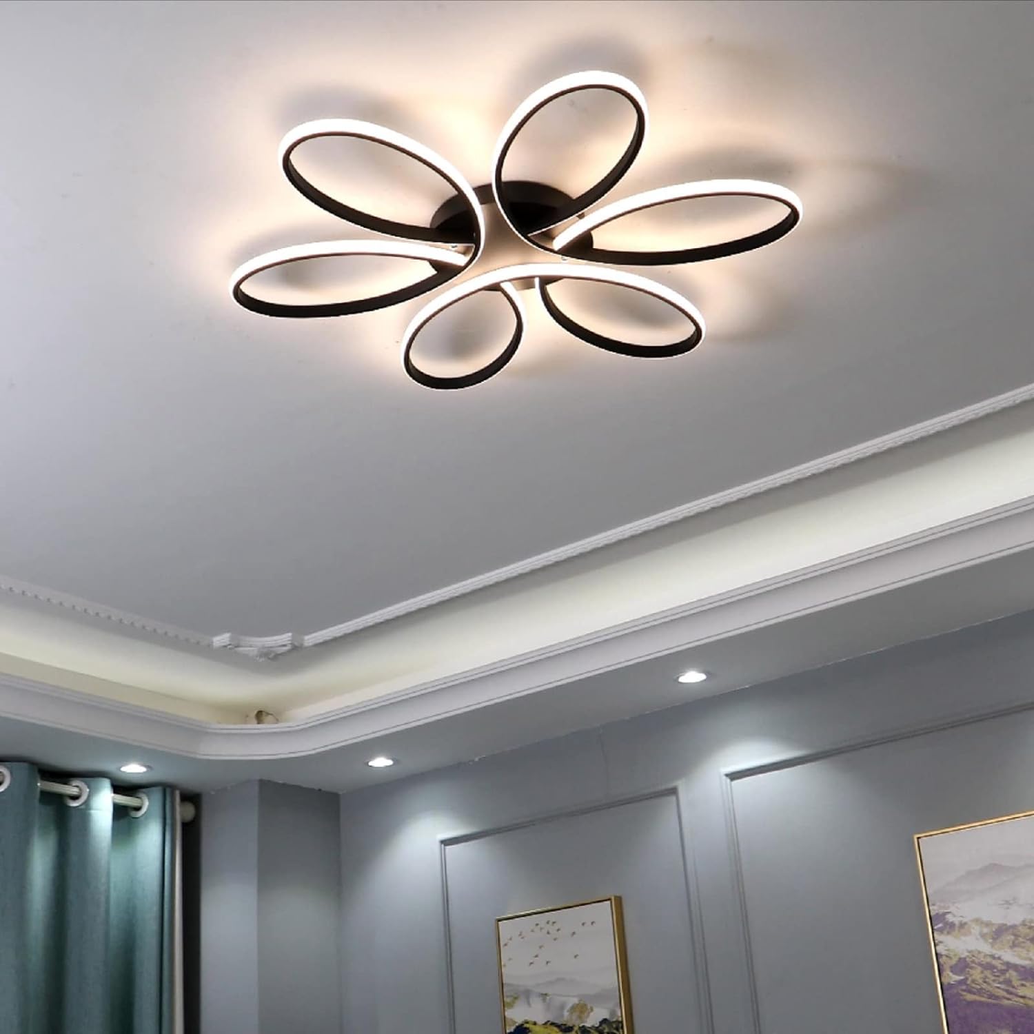 Modern LED ceiling chandelier with five glowing ring petals