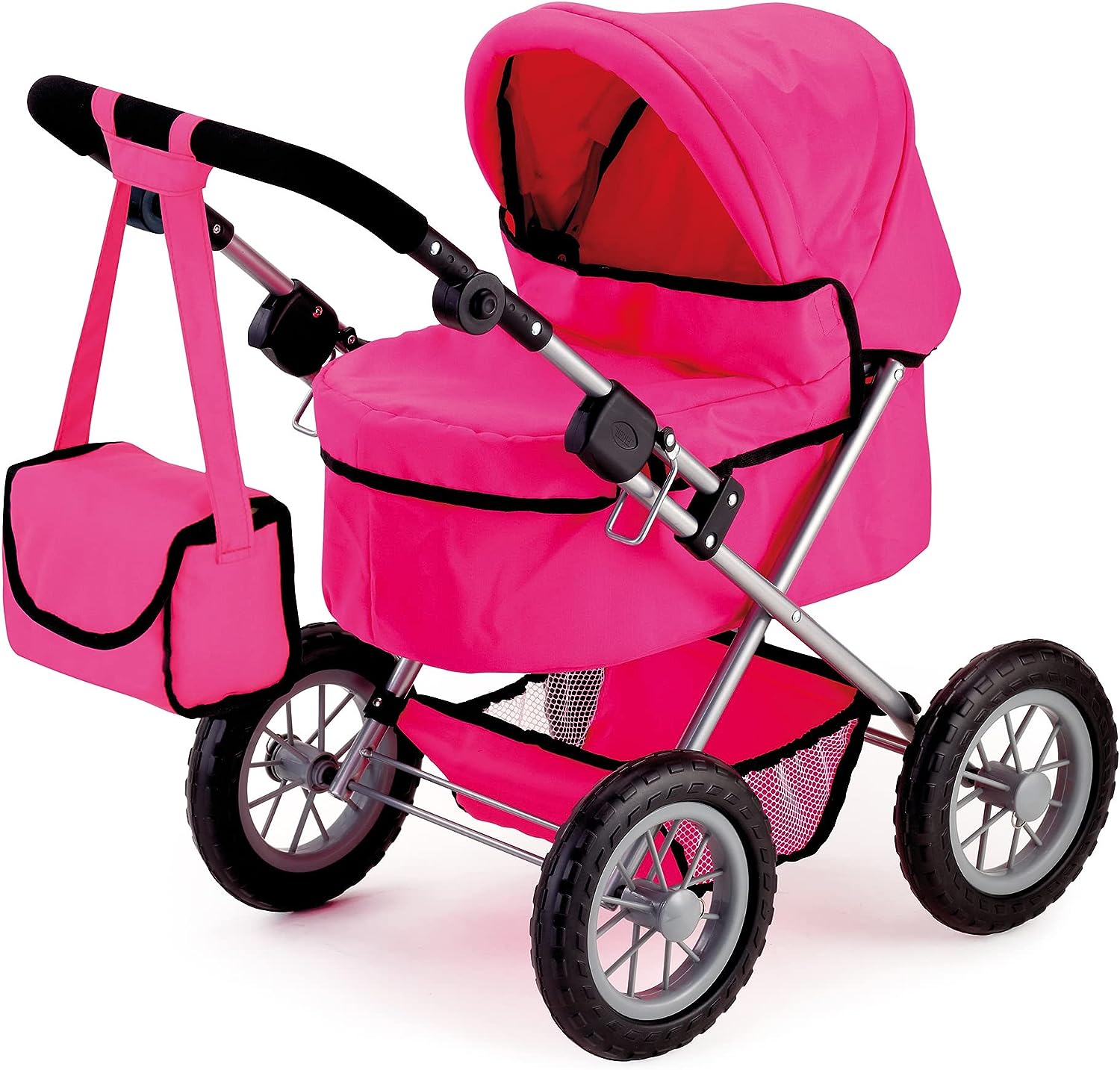 Pink dolls pram with canopy, padded seat, four wheels, and black height handle