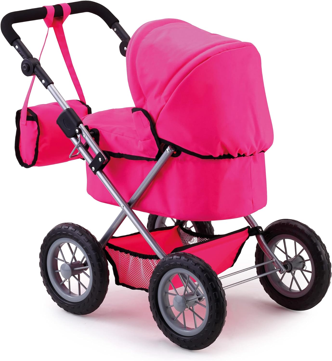 Pink dolls pram with rounded canopy, padded seat, and four rugged wheels