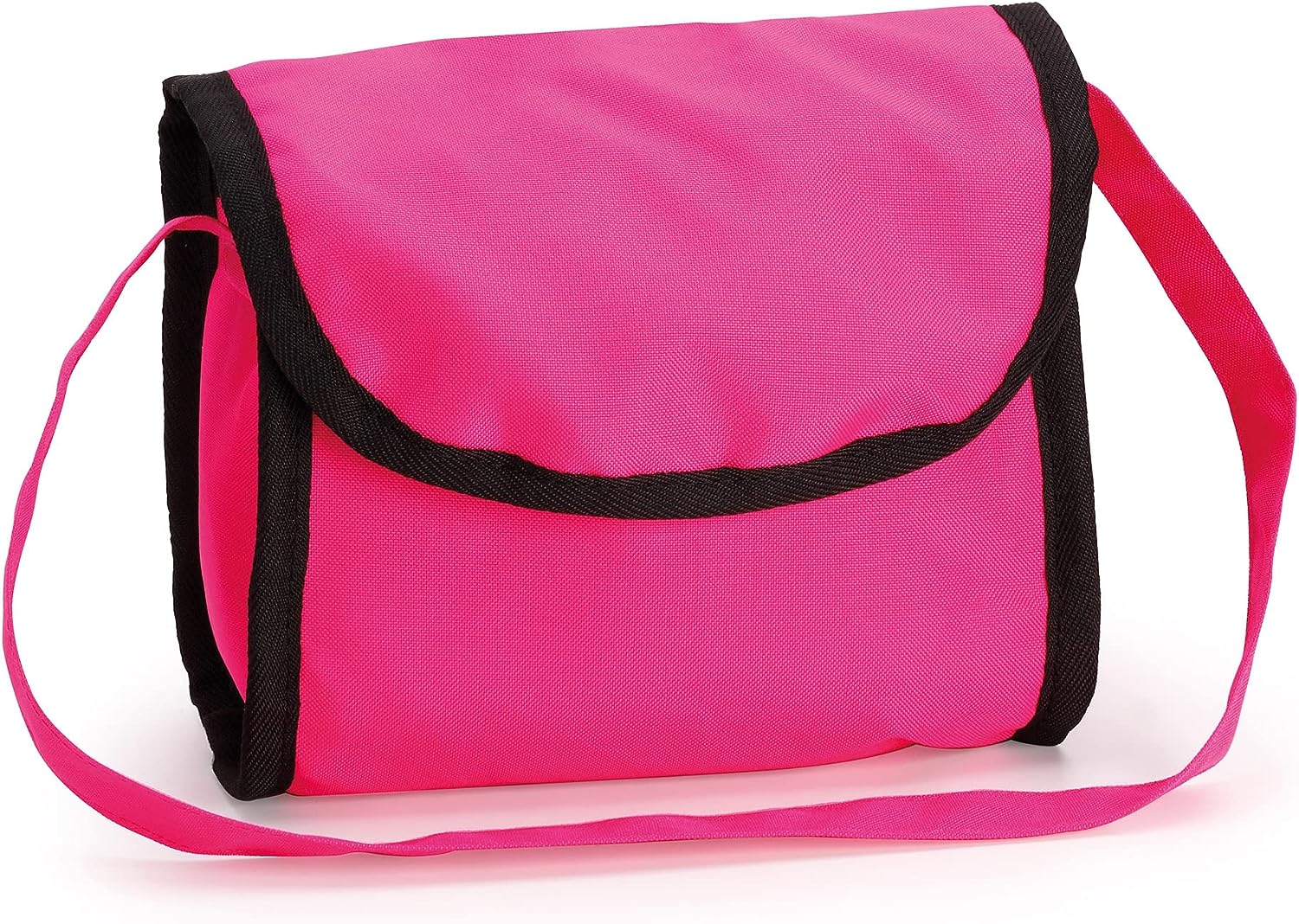 Pink shoulder bag with black trim and long adjustable strap