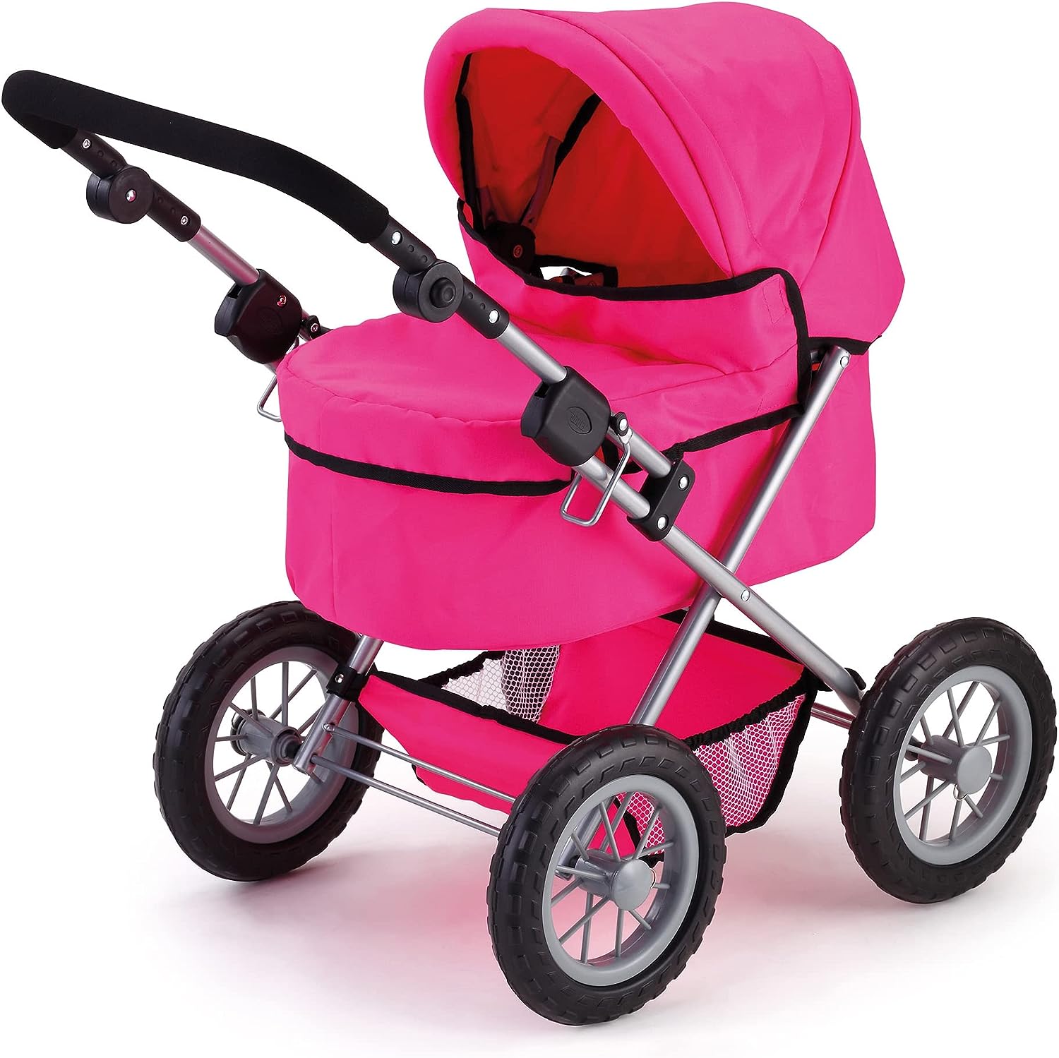 Pink dolls pram with canopy, padded seat, front basket net, and black handle