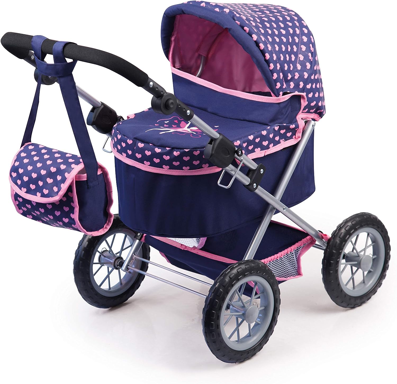 Blue and pink doll pram with heart-pattern canopy and large all-terrain wheels