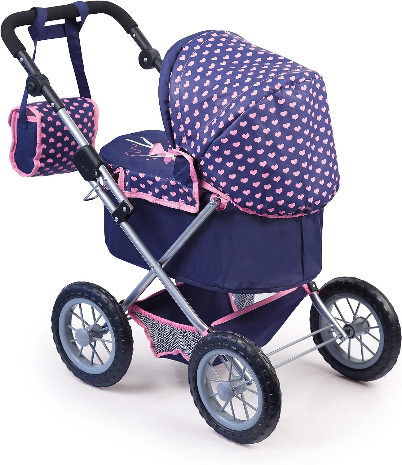 Heart-pattern blue and pink doll pram with foldable metal frame and front wheels