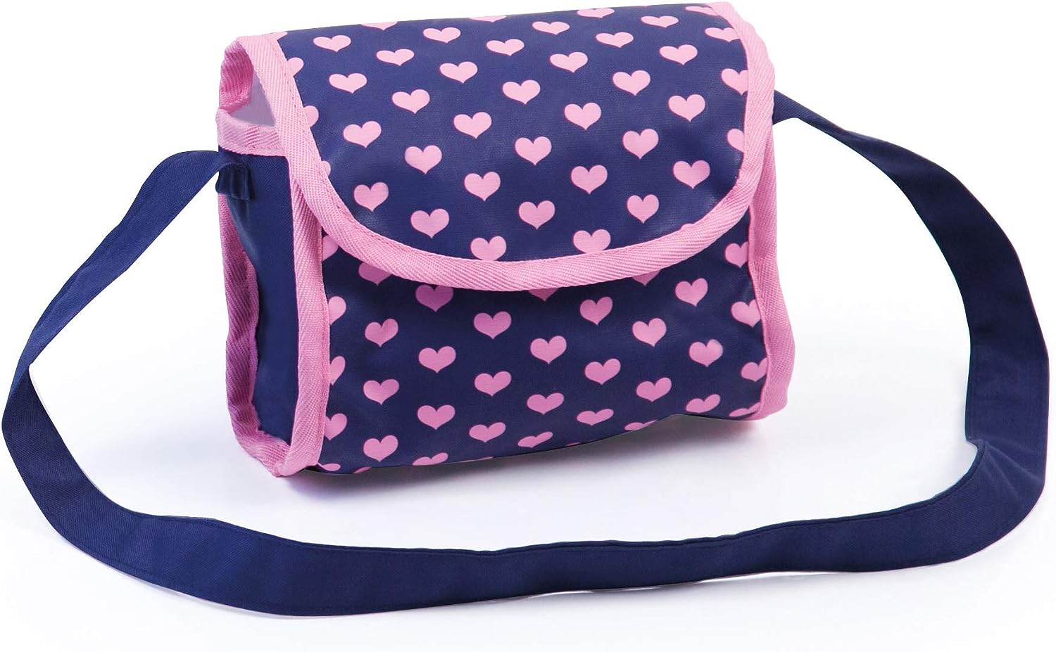 Pink and navy doll pram storage bag with heart pattern and shoulder strap