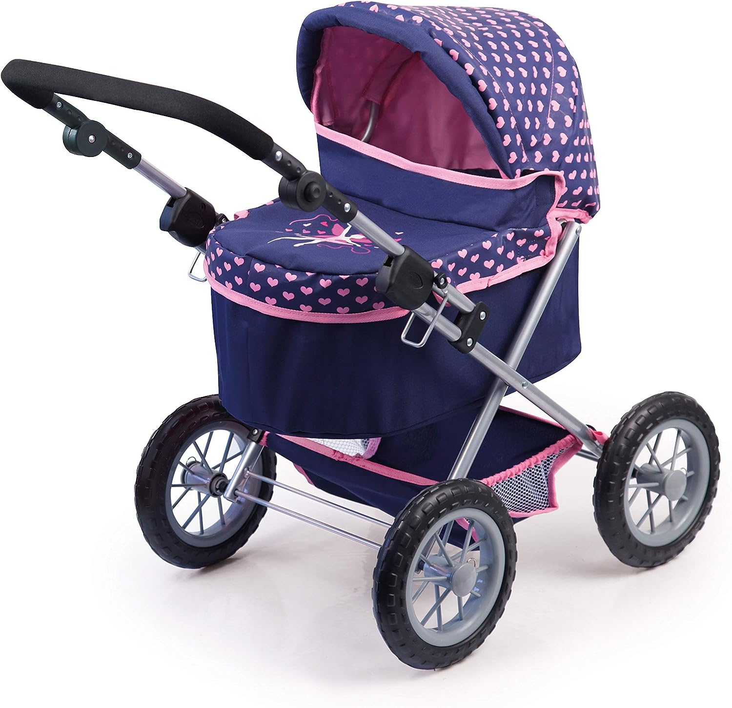 Blue and pink doll pram with heart-pattern hood, padded seat, and front handle bar