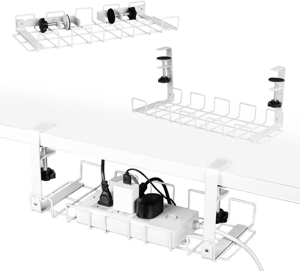 White under-desk cable management tray with grid channels and two vertical mounts