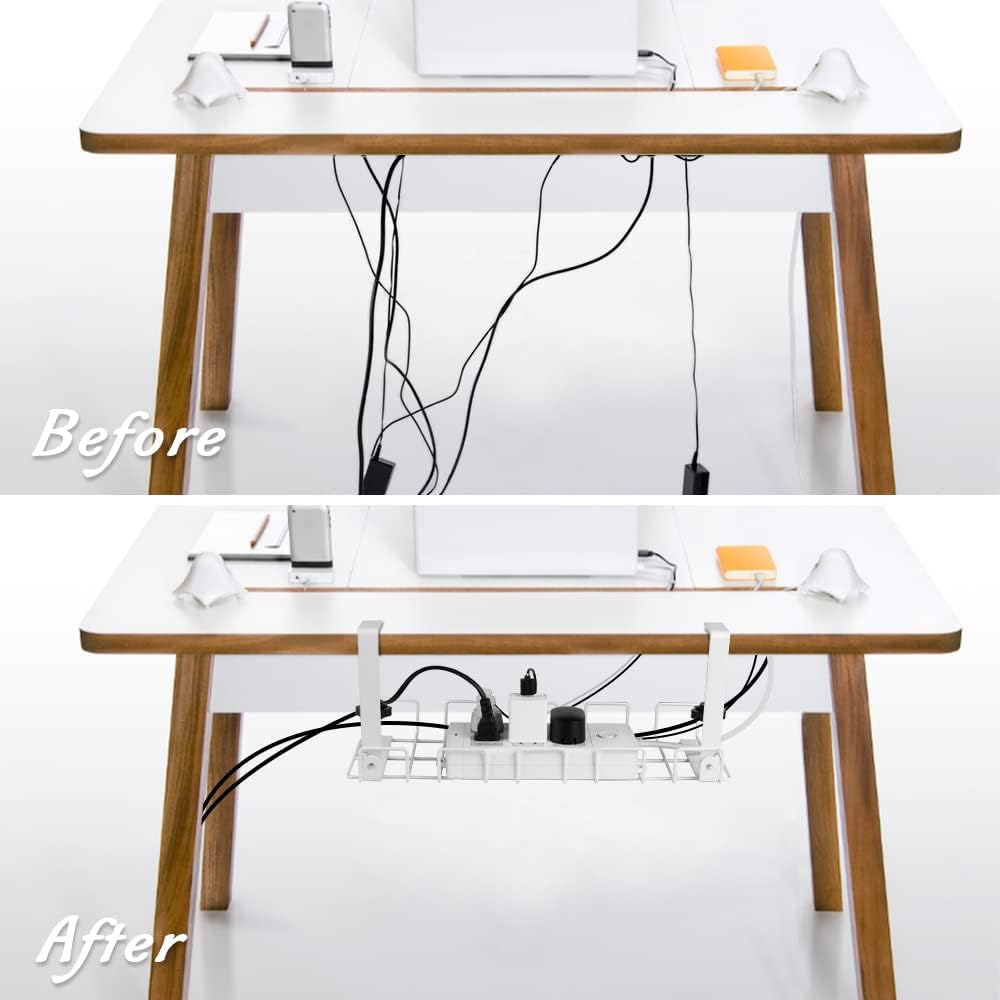 White under-desk cable tray under a desk, routing cords into the front grid