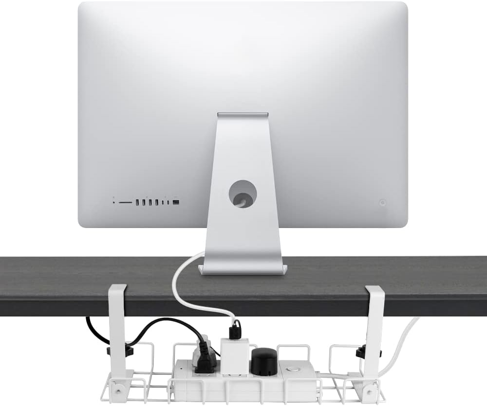 White under-desk cable tray with central clamp base and cord slots for a monitor