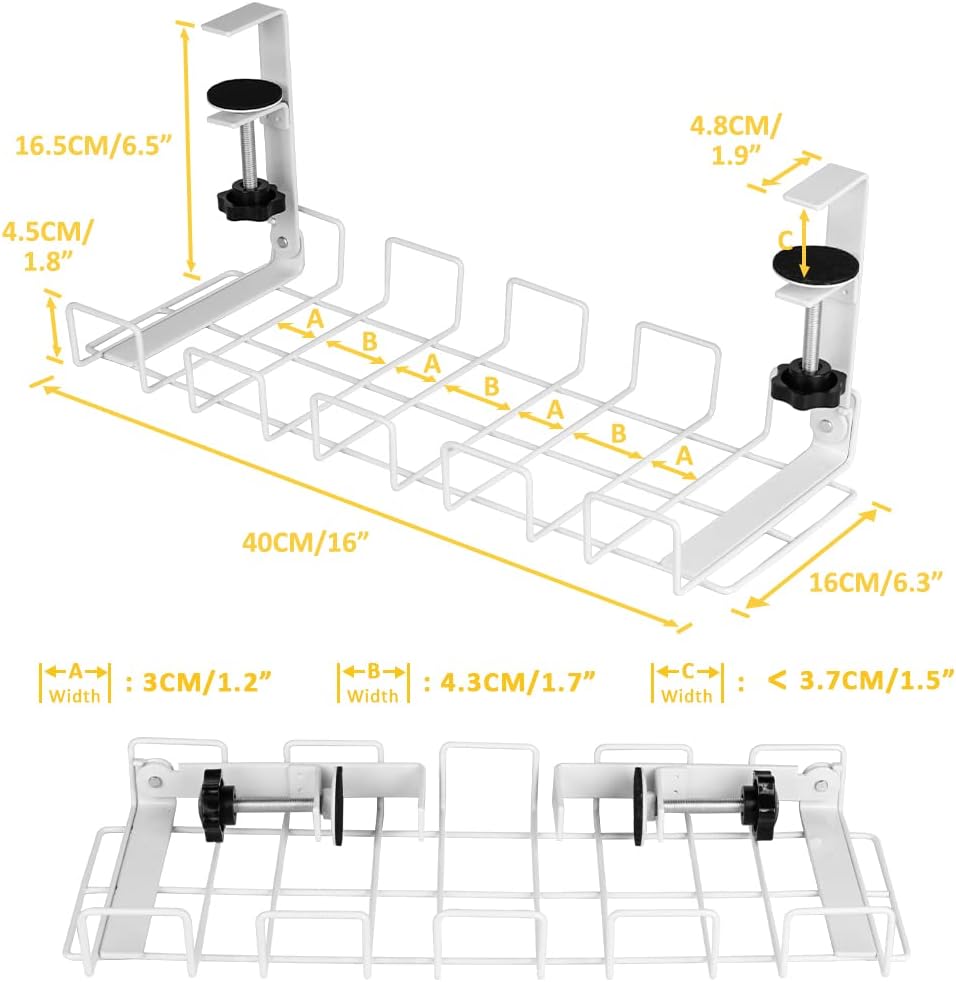 White L-shaped under-desk cable tray with two side posts and adjustable arms