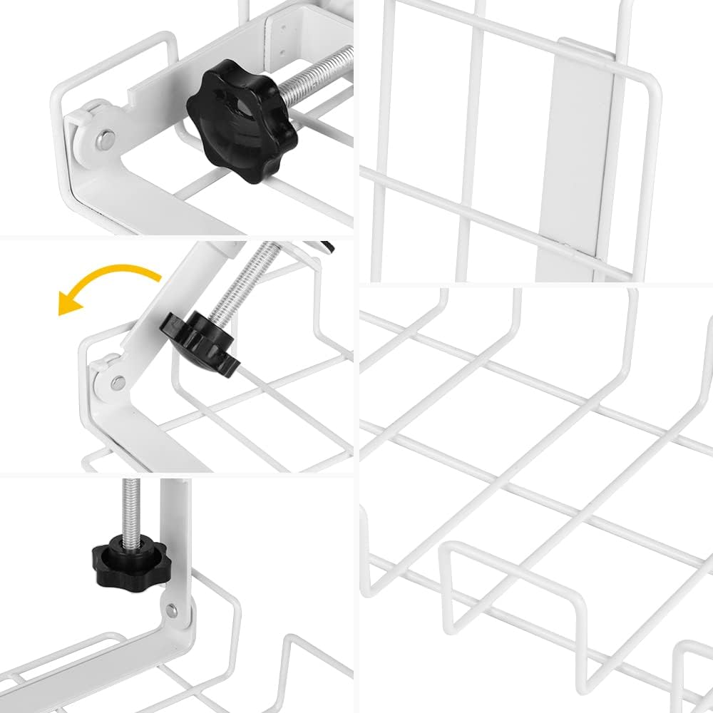 White cable tray mounting clamp with screw hardware and wire grid platform