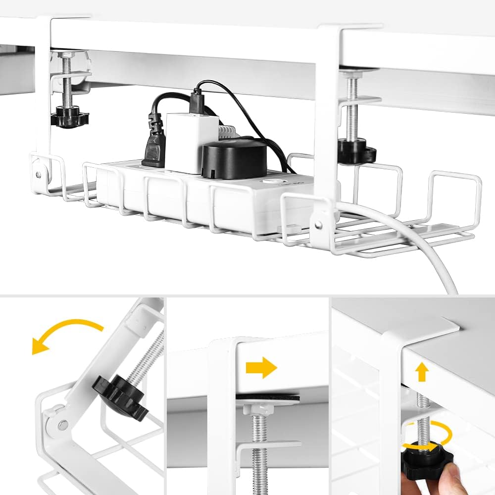 White under-desk cable tray with spring clamp and cable holders on posts