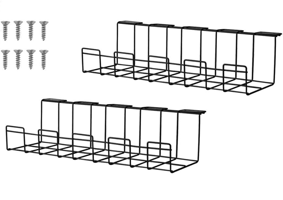 Black metal cable management tray set with screw fasteners, under-desk wire organizer