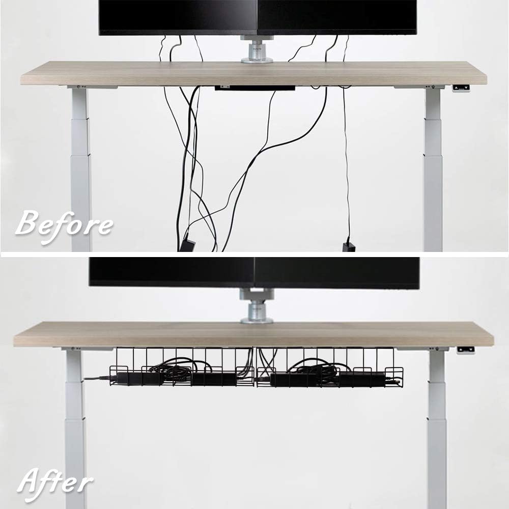 Black under-desk cable management trays holding loose cords in wire grid