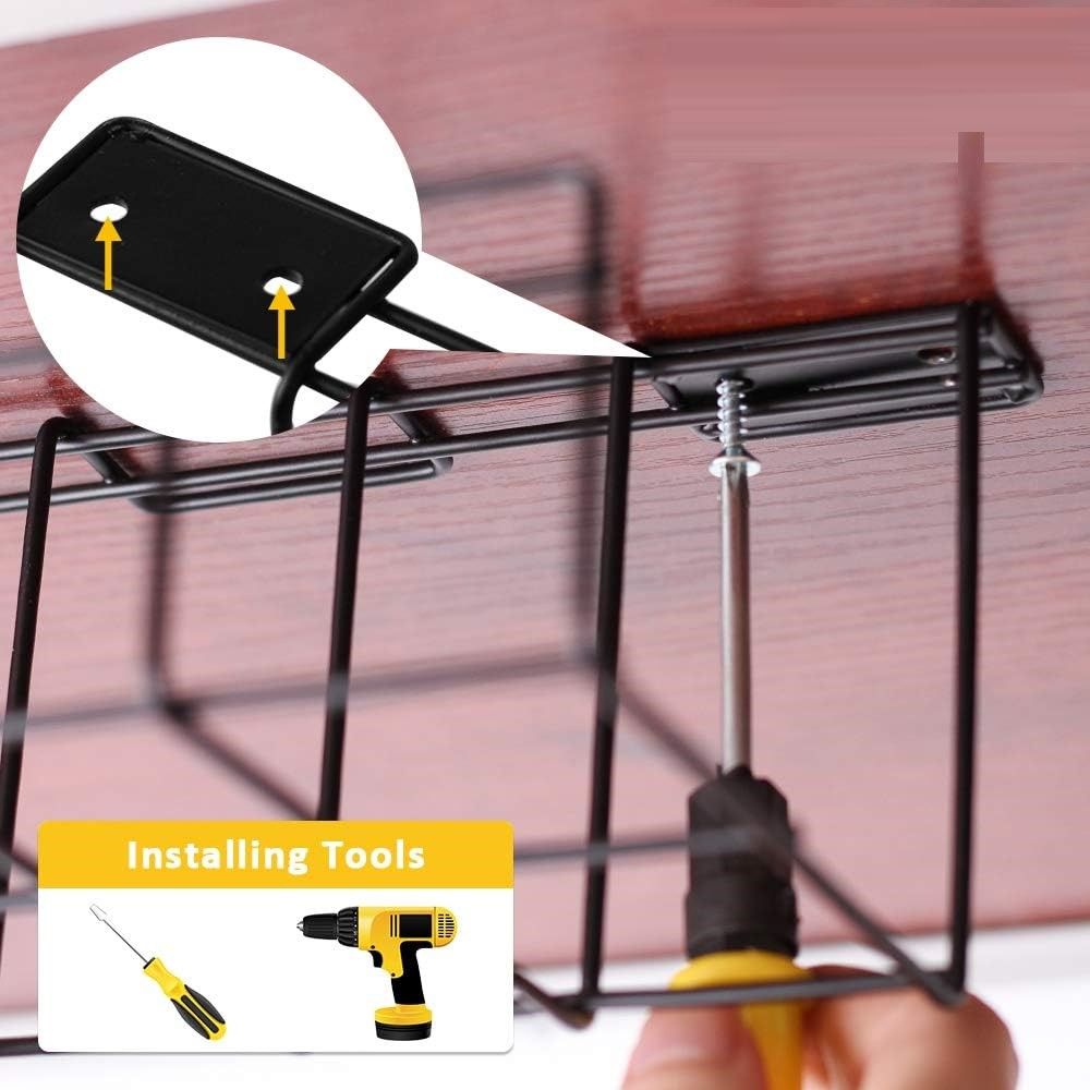 Black cable management tray with mounting hardware and tool close-up for installation