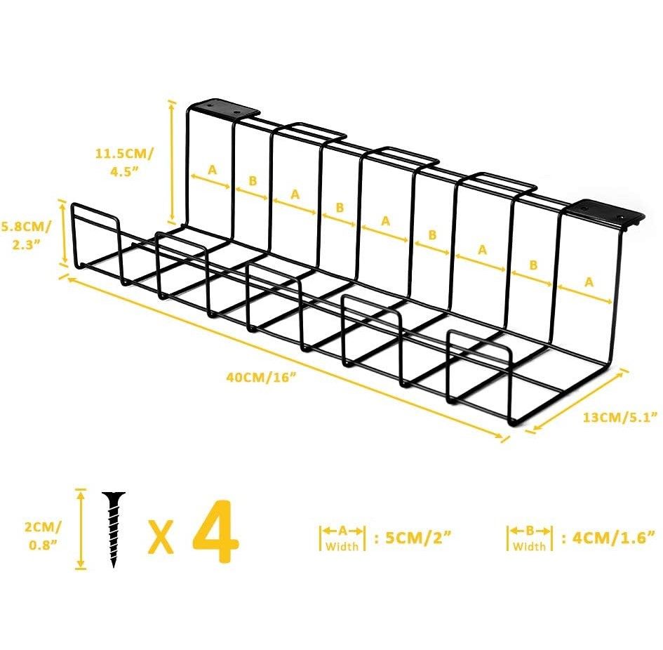 Black metal cable organizer tray with multiple compartments and side partitions