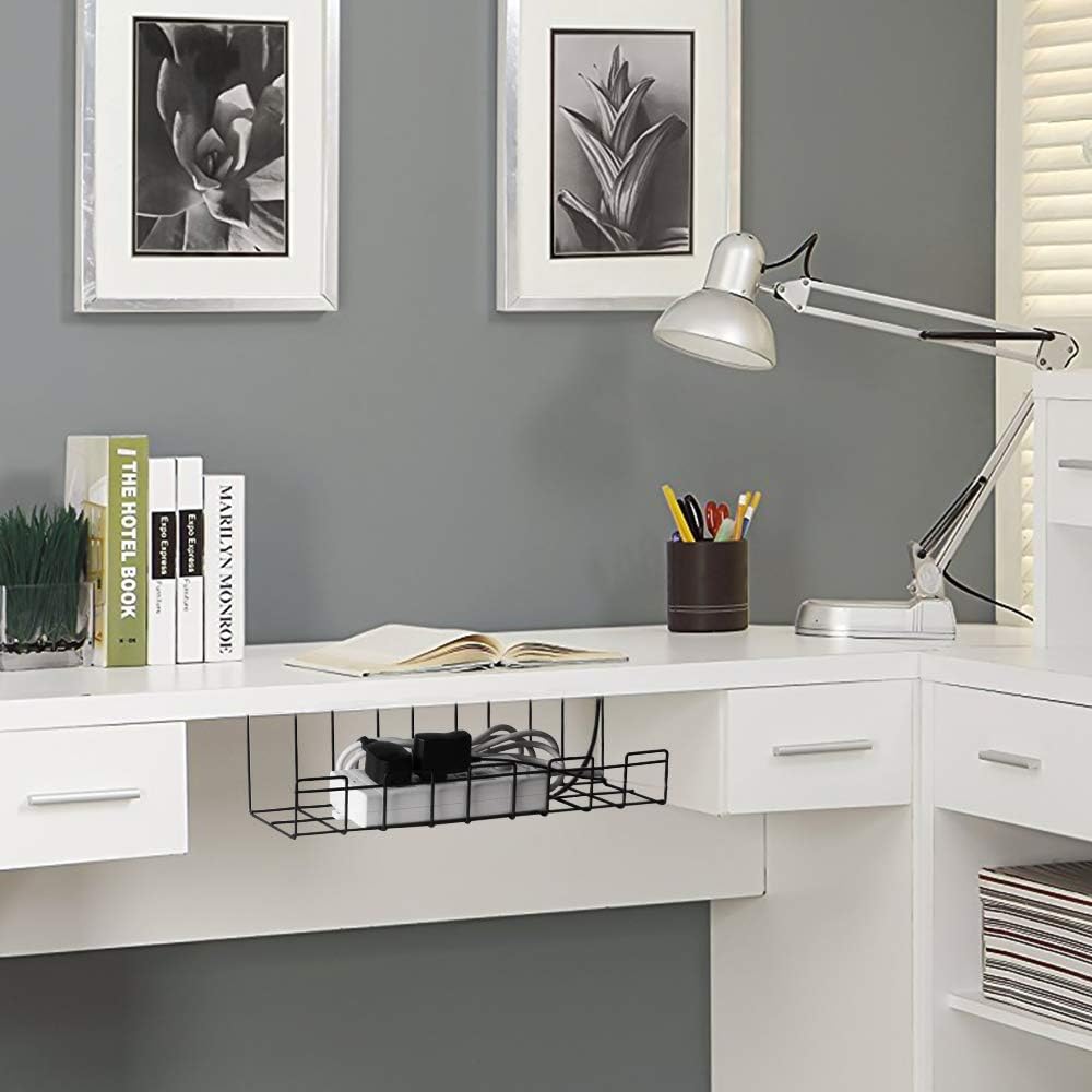 Black under-desk cable management tray installed under desk to store electronics cords