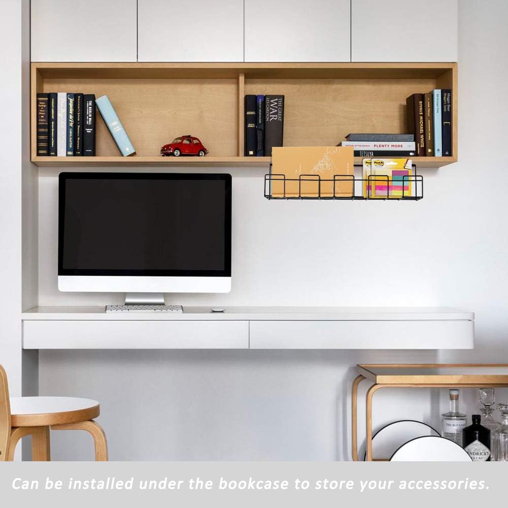 Black wire cable management tray mounted under bookcase shelf for small accessories