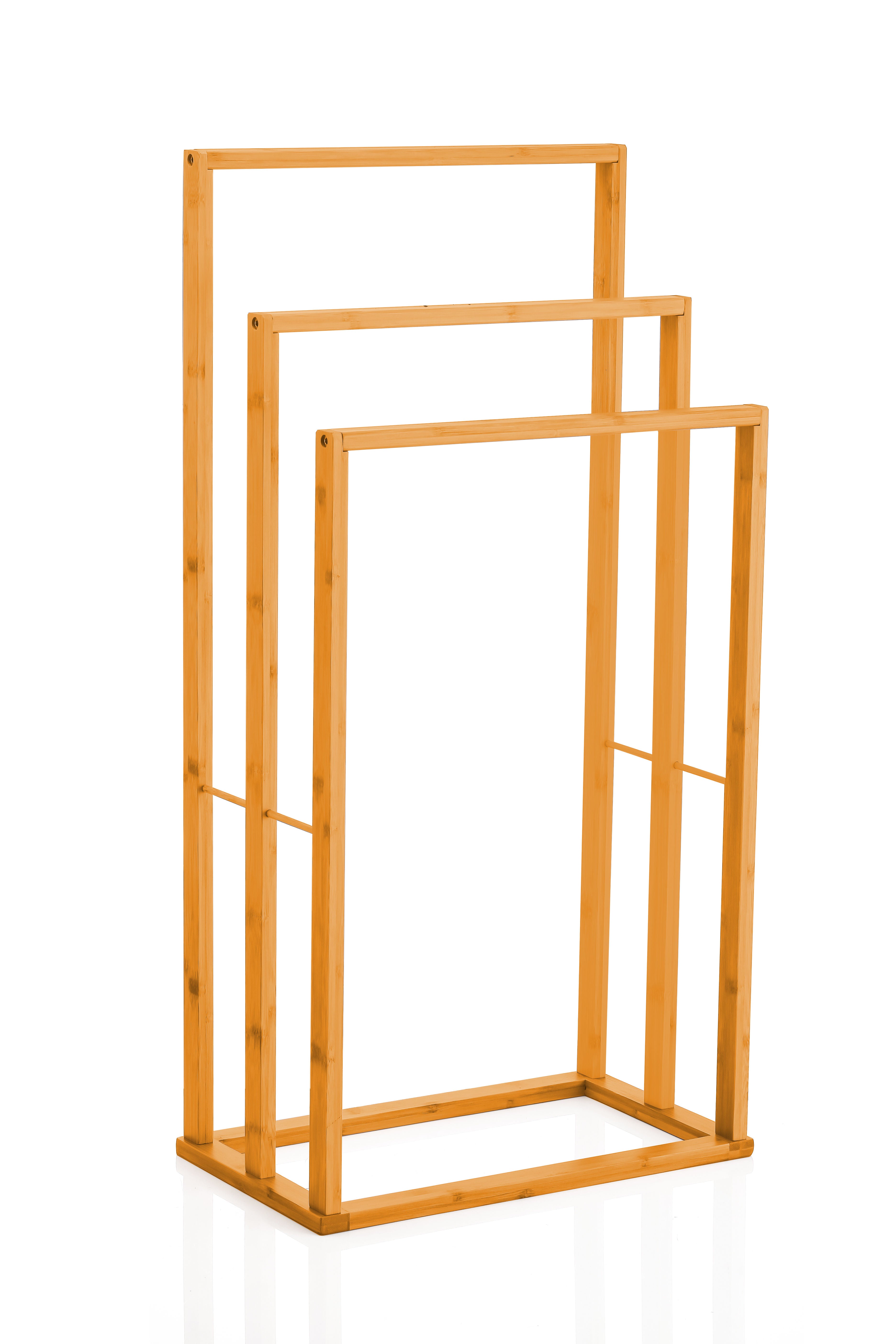 3-tier bamboo towel bar rack with three horizontal bars, free-standing frame