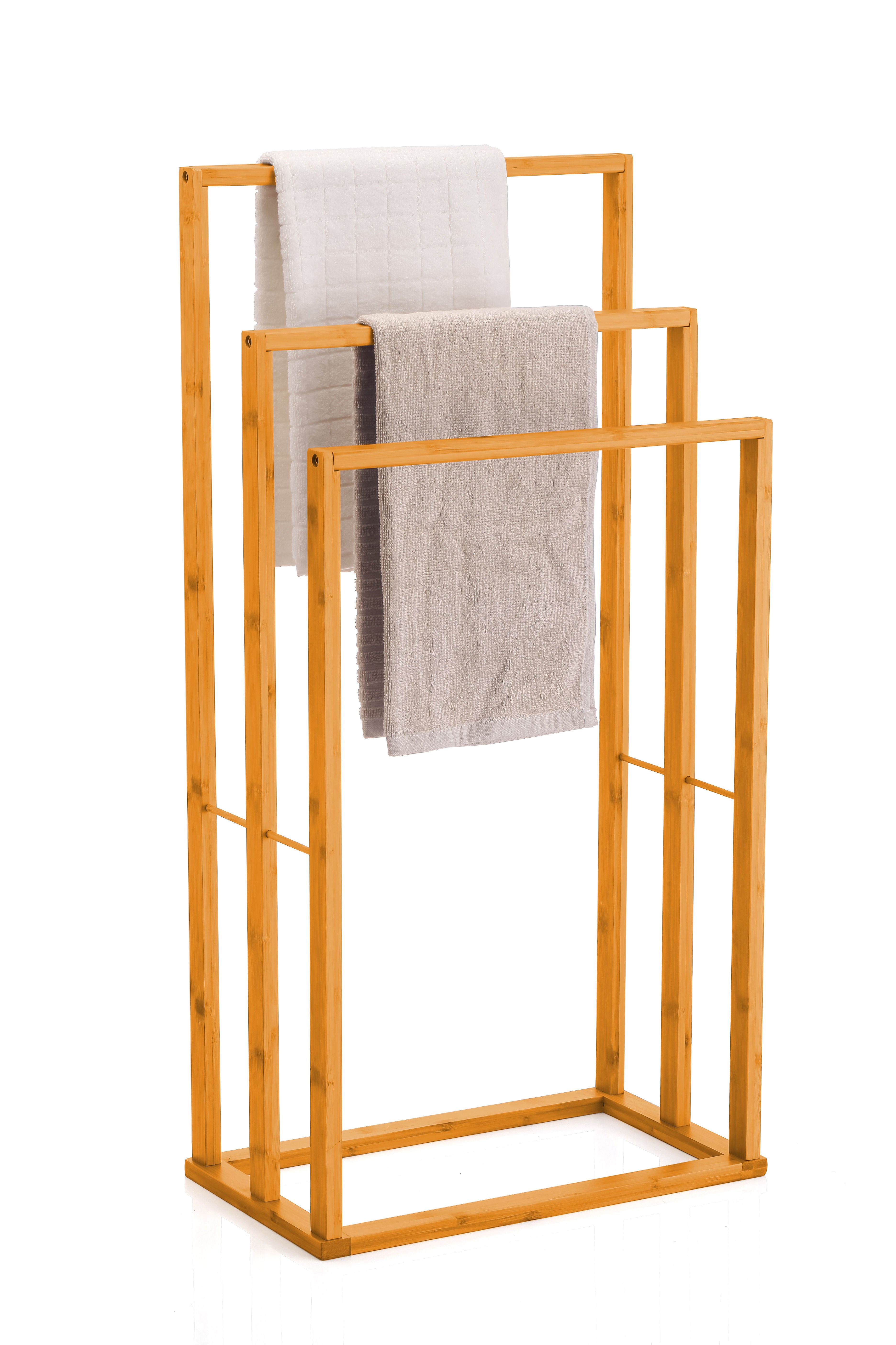 3-tier bamboo towel bar rack holding white and gray towels on horizontal bars