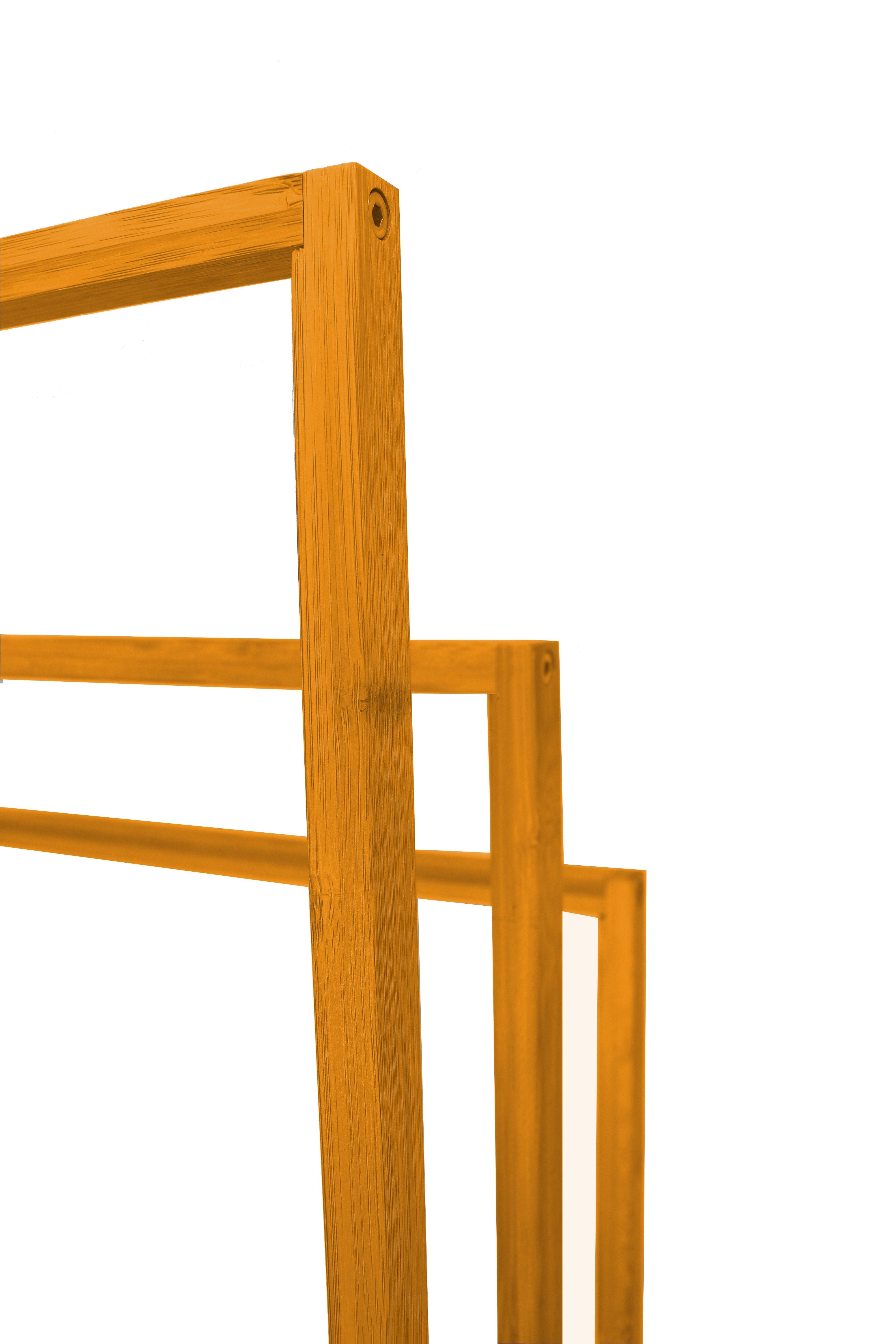 Bamboo towel bar rack corner showing top beam and connecting side rails