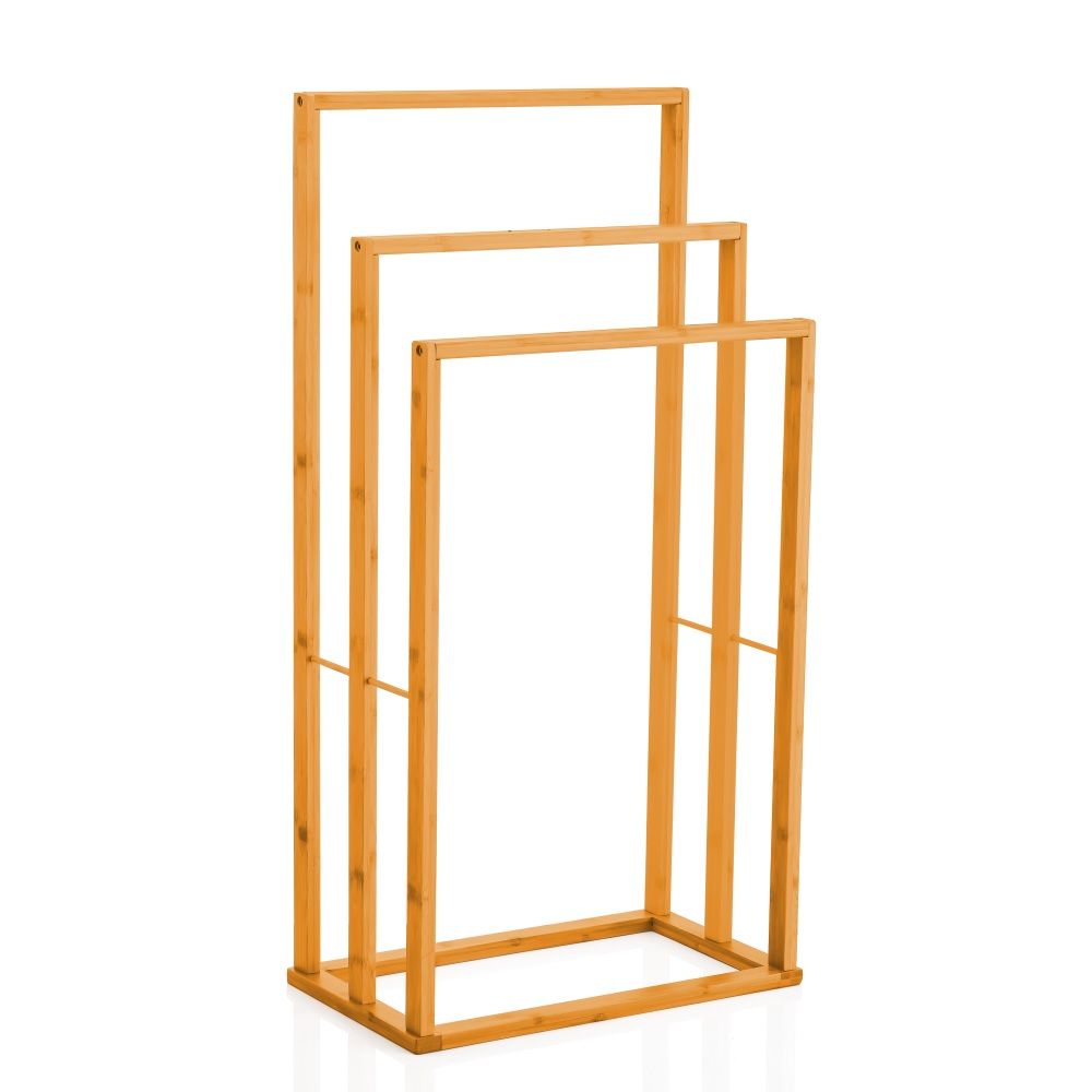 3-tier bamboo towel bar rack back view with three horizontal bars