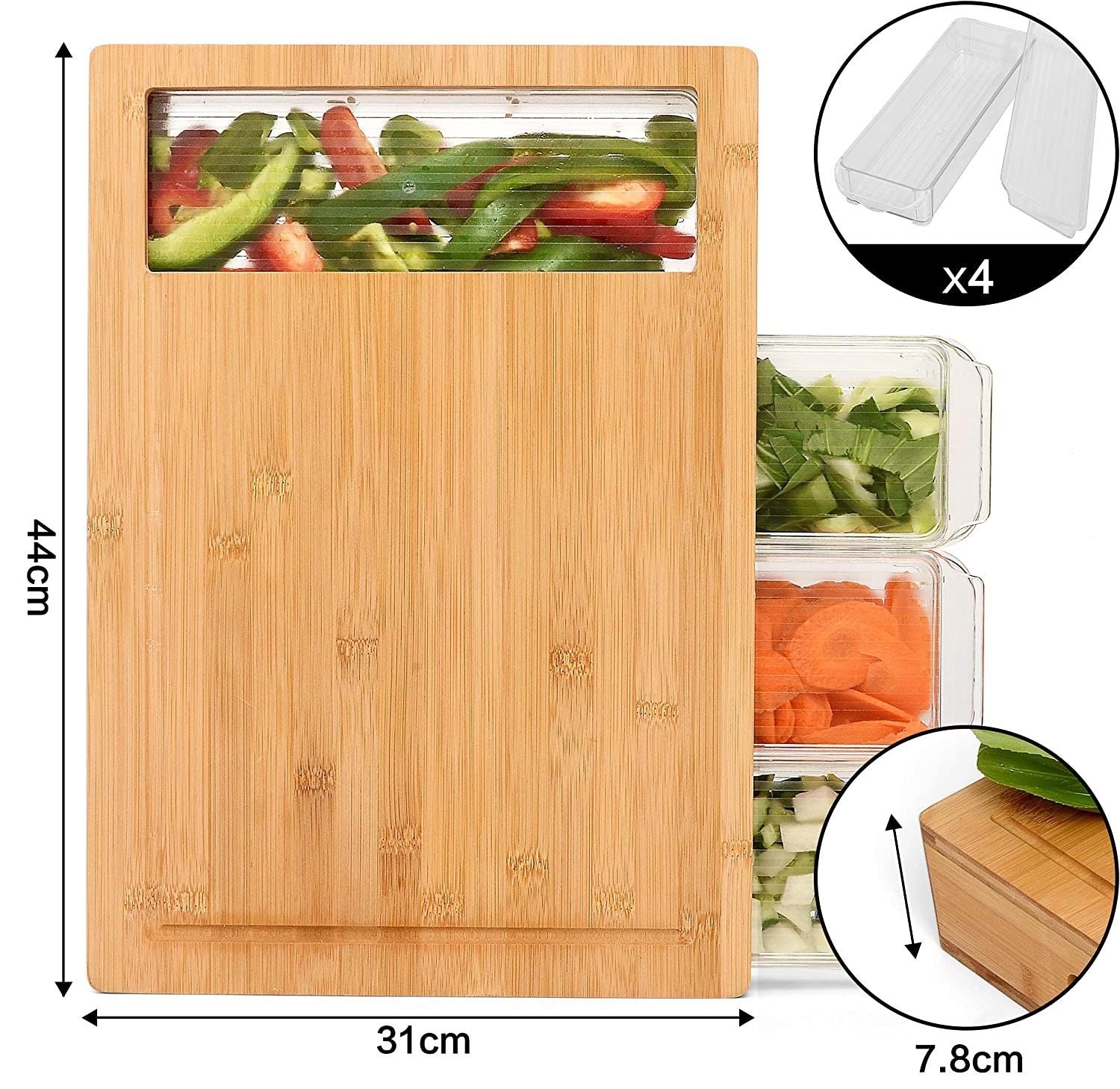 Large bamboo cutting board with 4 compartment container area and dimensions shown