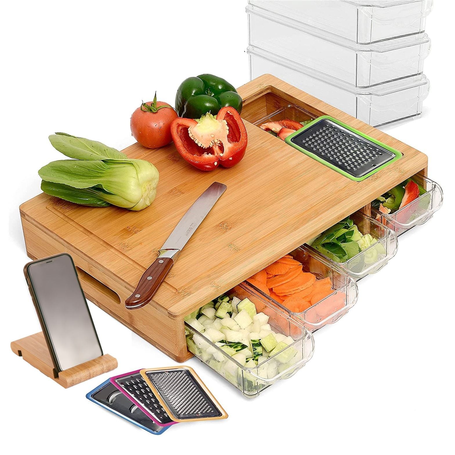 Large bamboo cutting board with 4 clear food containers and mobile holder stand
