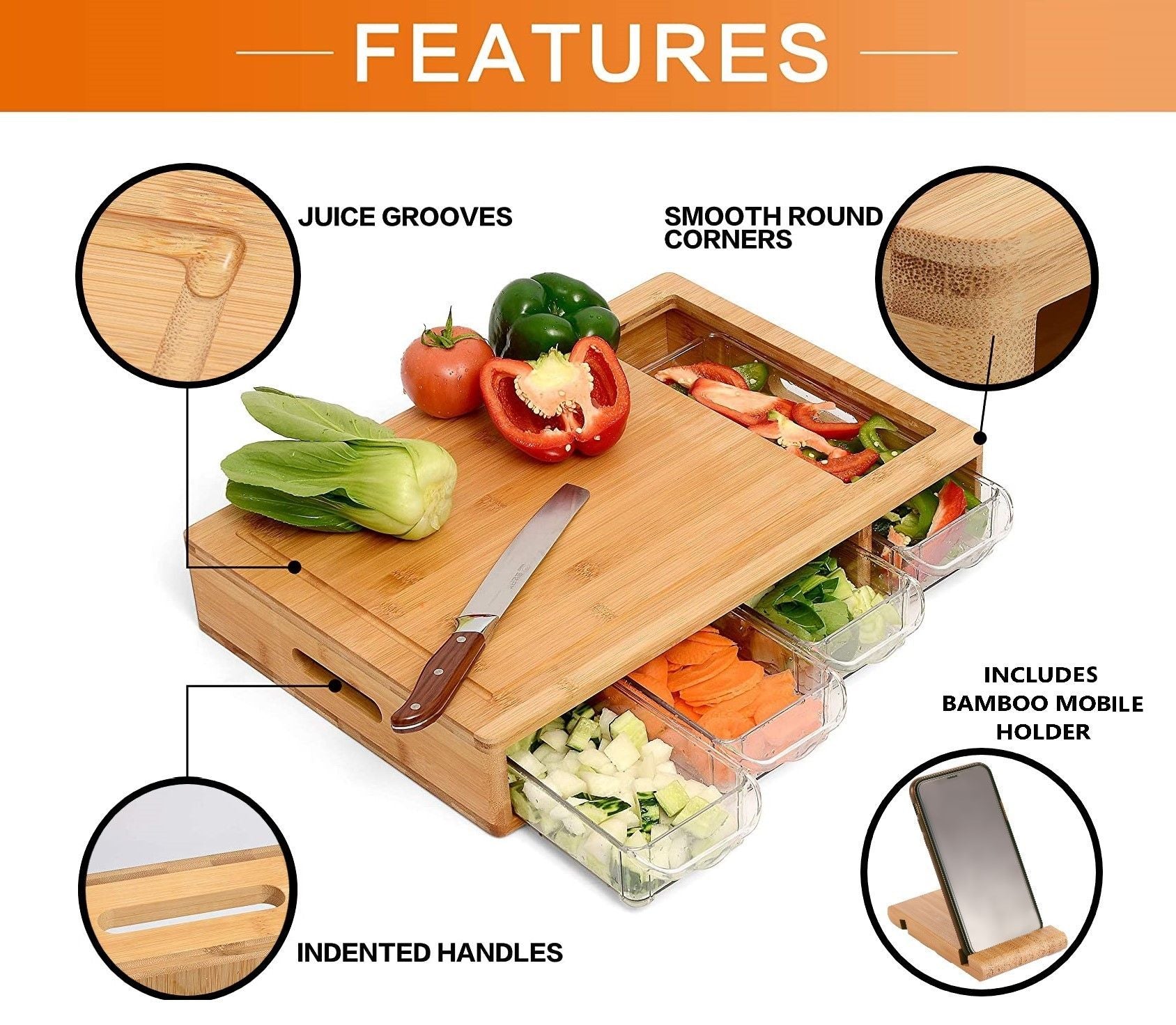 Large bamboo cutting board with 4 clear containers, knife, and mobile holder