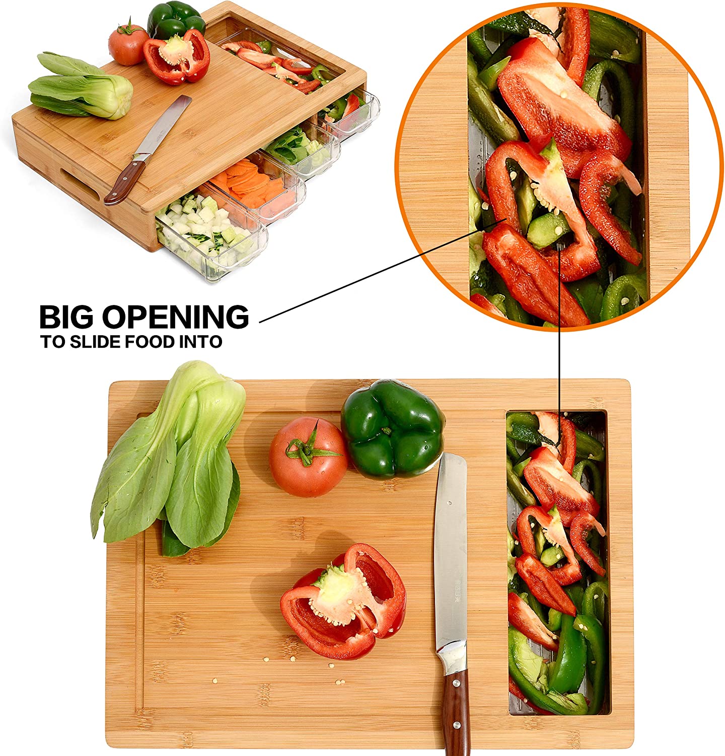 Bamboo cutting board with sliding food area and 4 container trays plus included knife