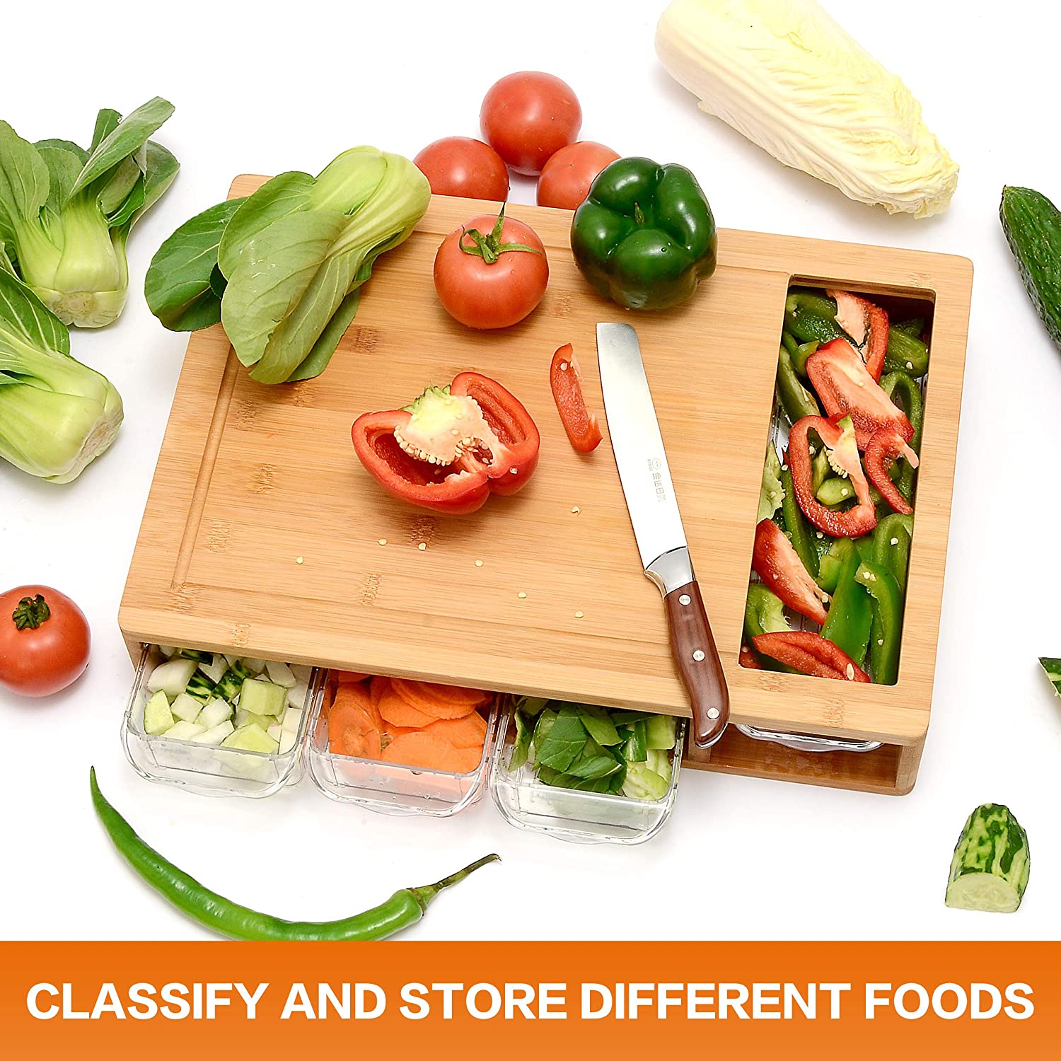 Large bamboo cutting board with 4 clear containers and included chef’s knife