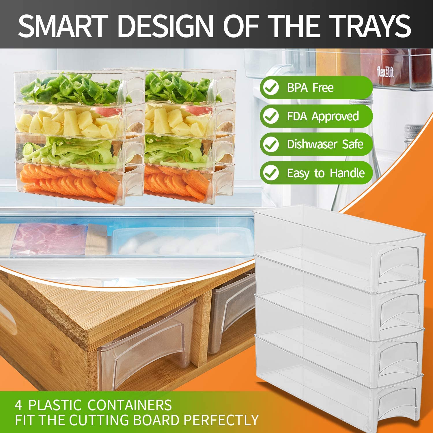 Bamboo cutting board set with 4 clear plastic storage containers