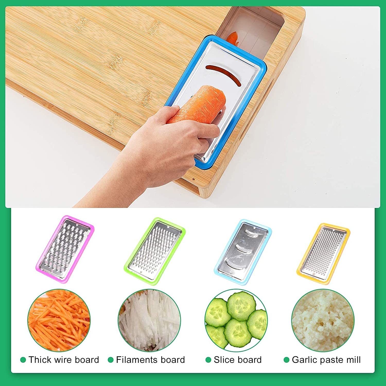 Bamboo cutting board with interchangeable grater slicer insert and hand guard