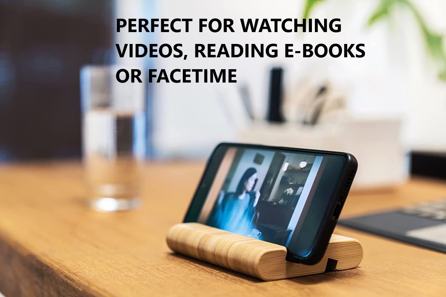 Bamboo cutting board with mobile holder stand for tablets and phones