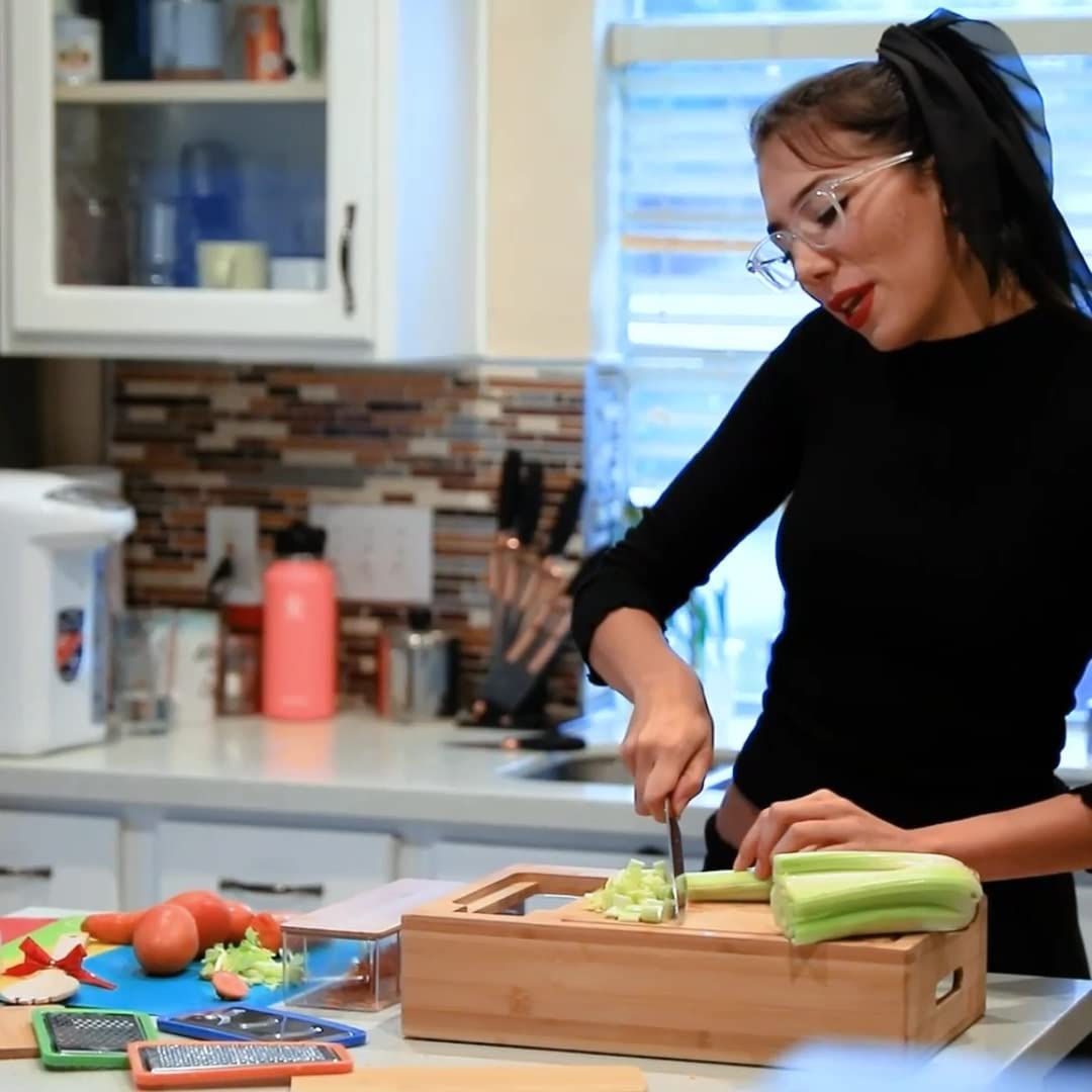 Large bamboo cutting board with 4 clear containers and included knife
