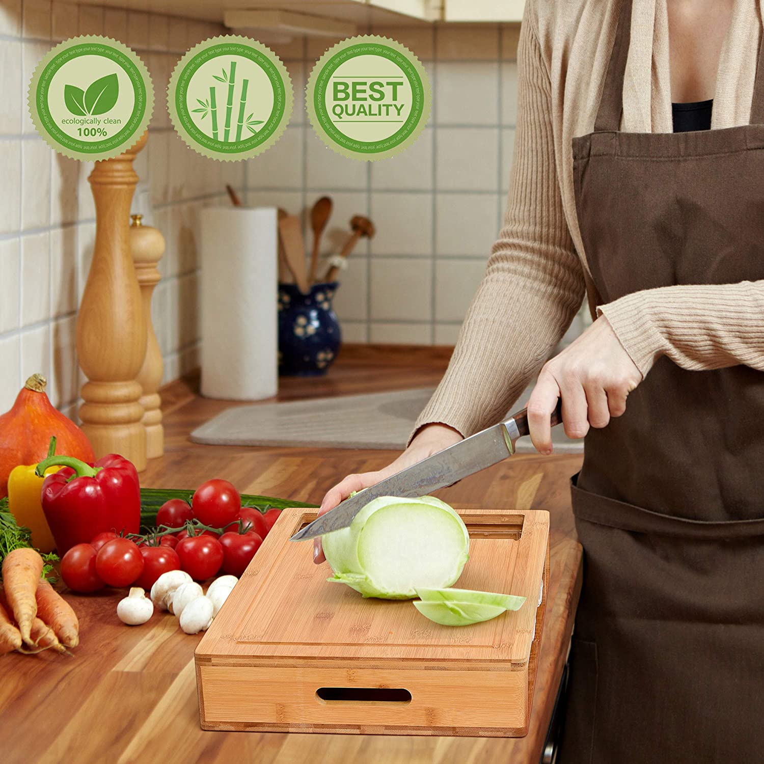 Bamboo cutting board with removable container trays and included chef’s knife
