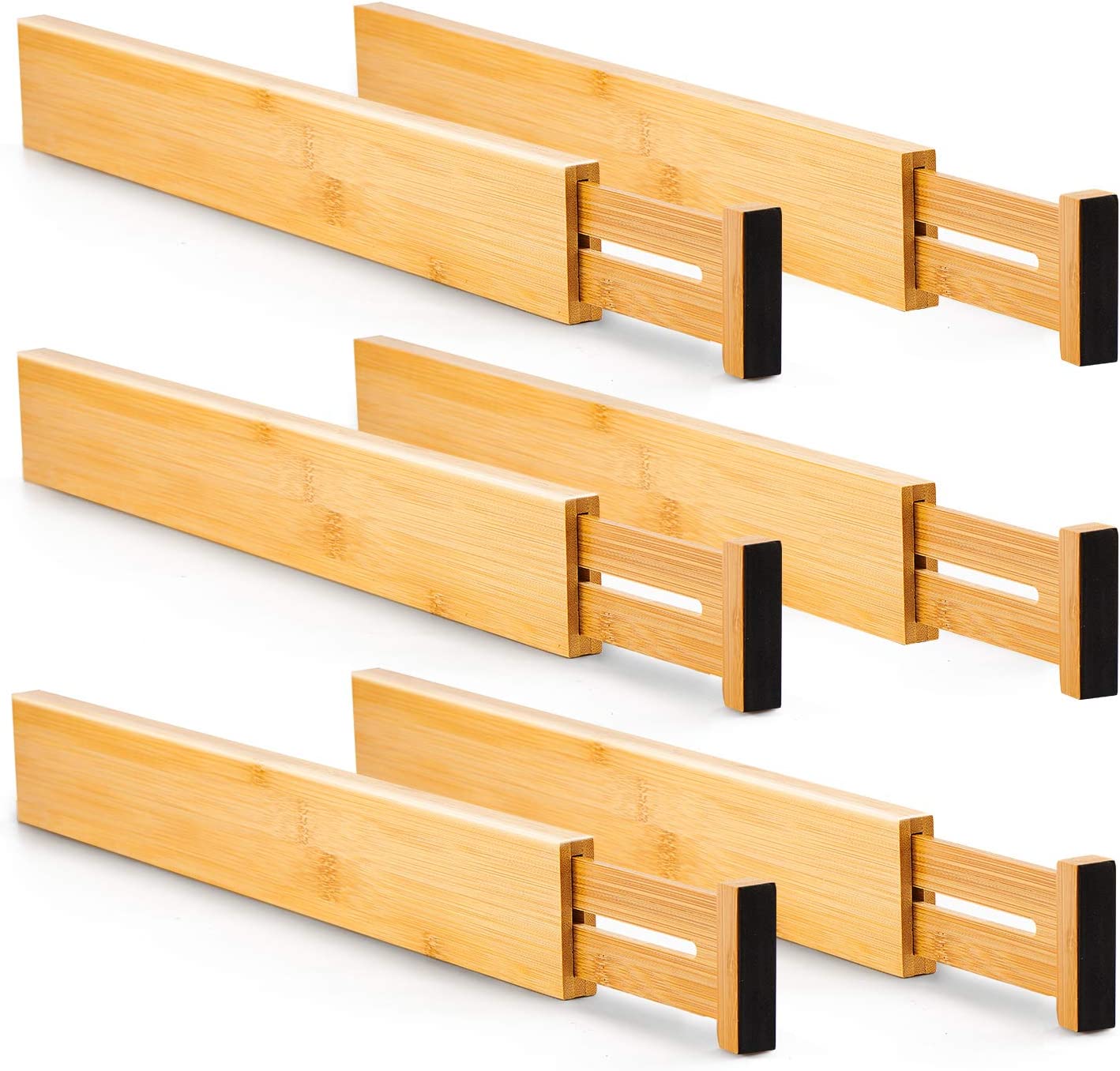 Bamboo kitchen drawer dividers set of 6, adjustable wooden bars with black end stops