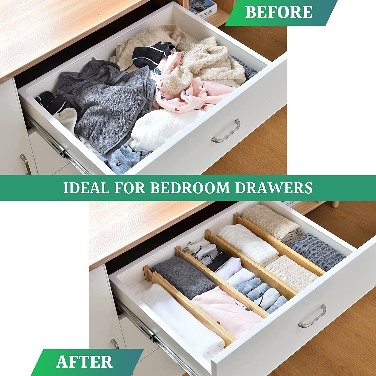 Bamboo drawer dividers organizing folded clothes and small items in an open drawer