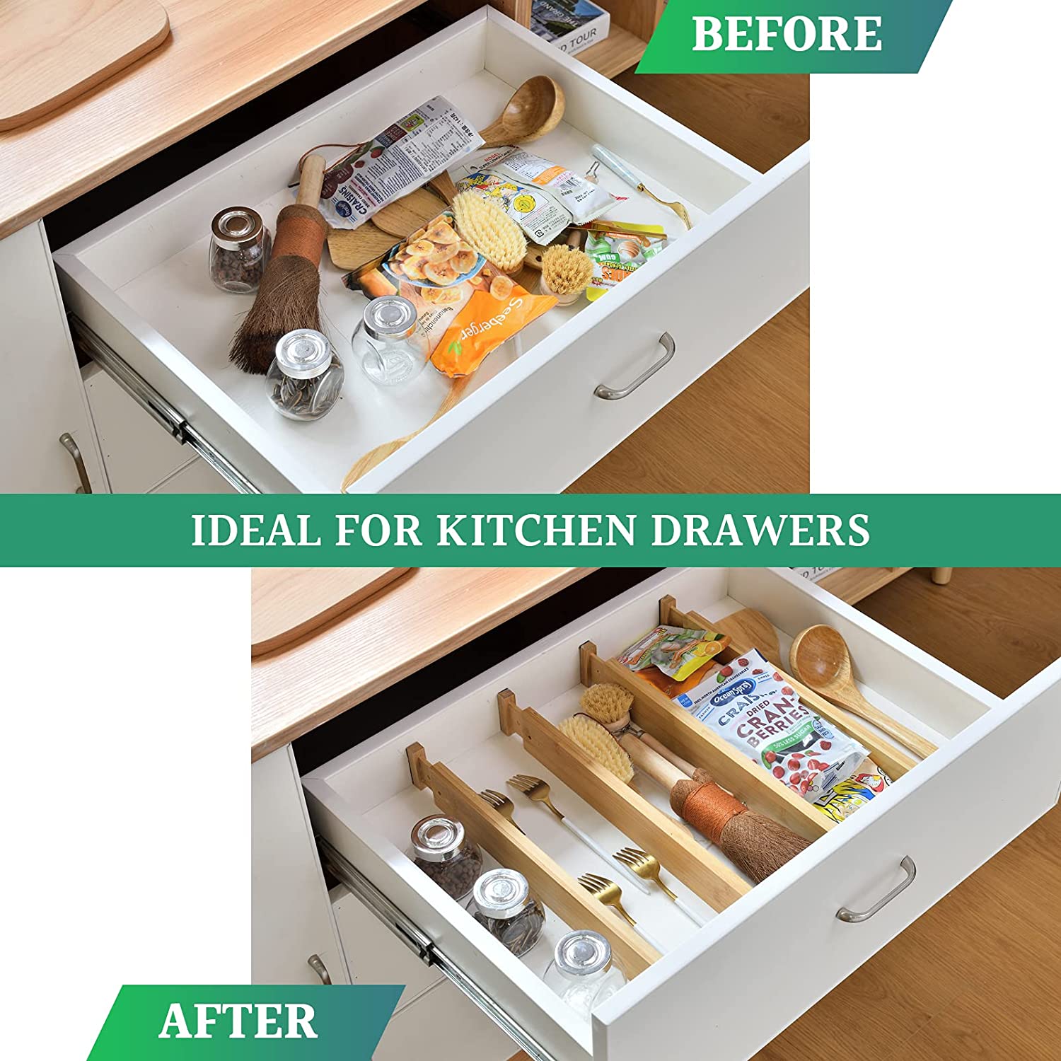Bamboo drawer dividers organizing kitchen items in an open drawer with partitioned sections