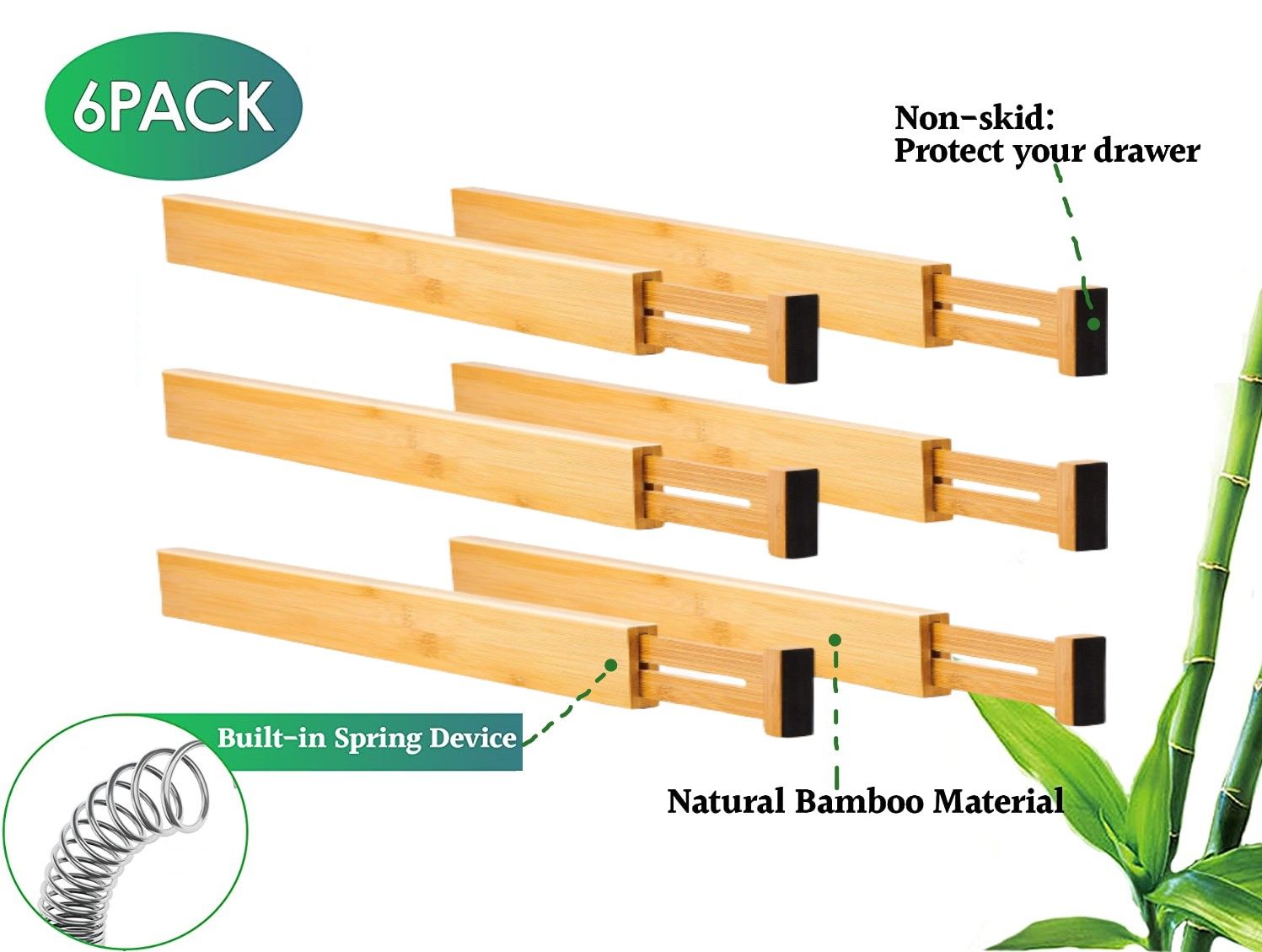 6-pack bamboo drawer dividers with built-in spring clamps and black end caps