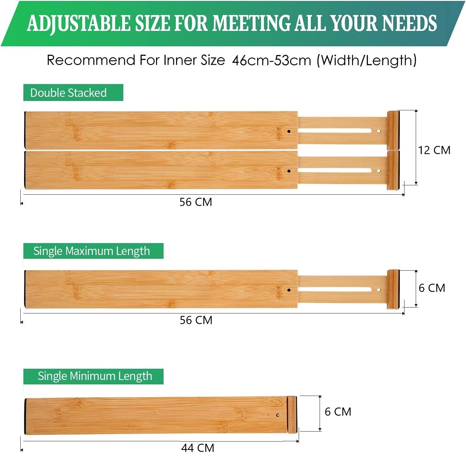 Adjustable bamboo drawer dividers with measurement guides for inner drawer width